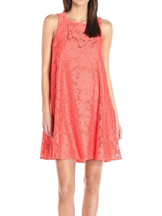 Donna Morgan Dresses & Skirts - Donna Morgan Size 6 Coral Pink Sleeveless Tent Lace Overlay Trapeze Mini Dress